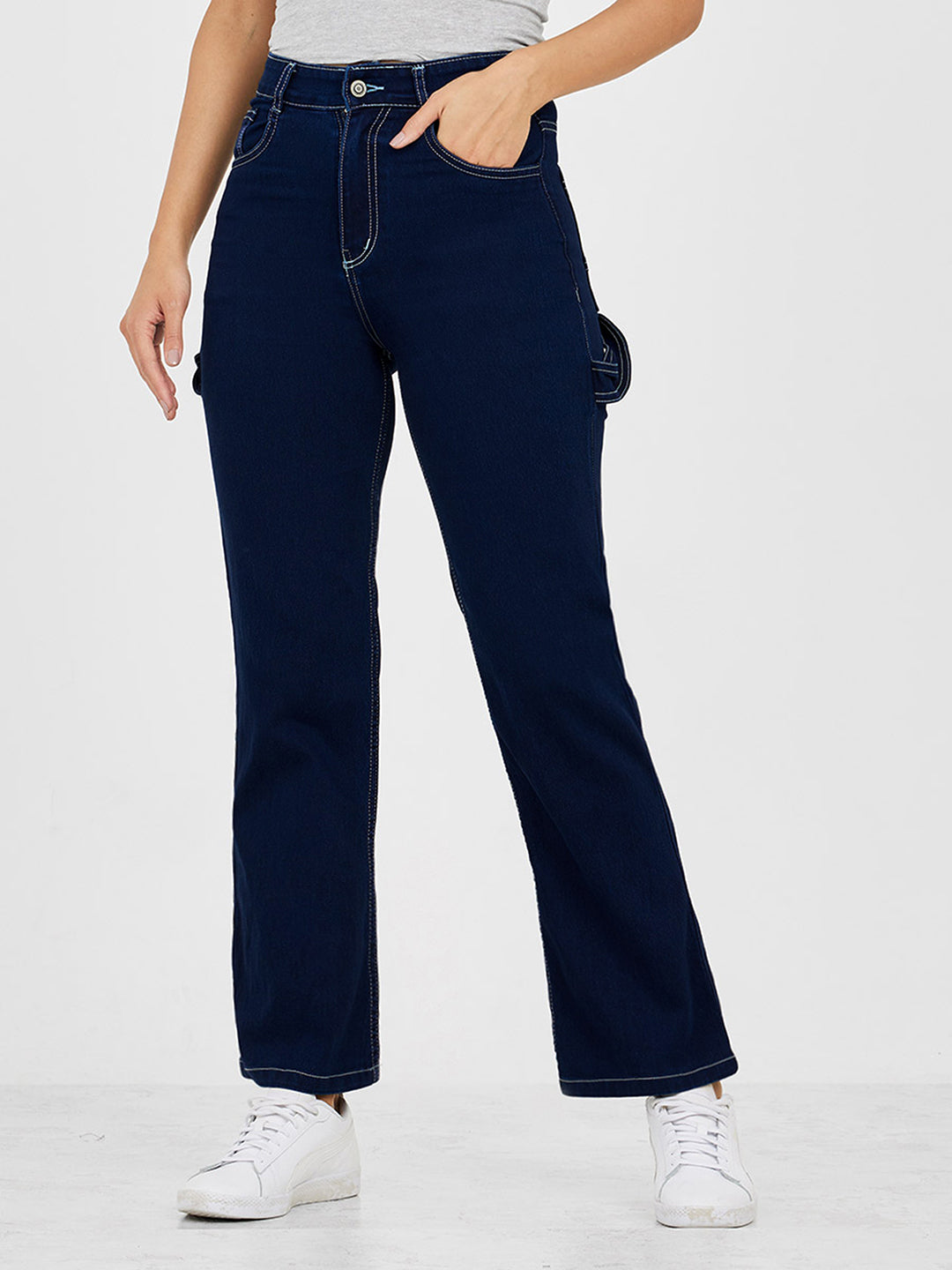Women's Black Wide leg High rise Clean look Regular Stretchable Denim Jeans