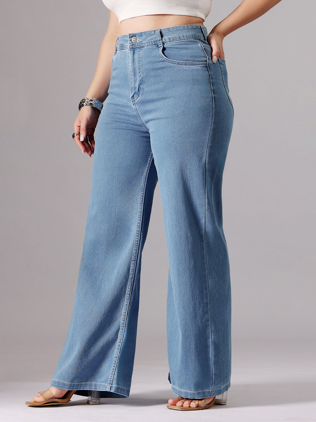 24/7 Comfort Blue Wide-Leg High-Rise Clean-Look Regular-Length Stretchable Denim Jeans