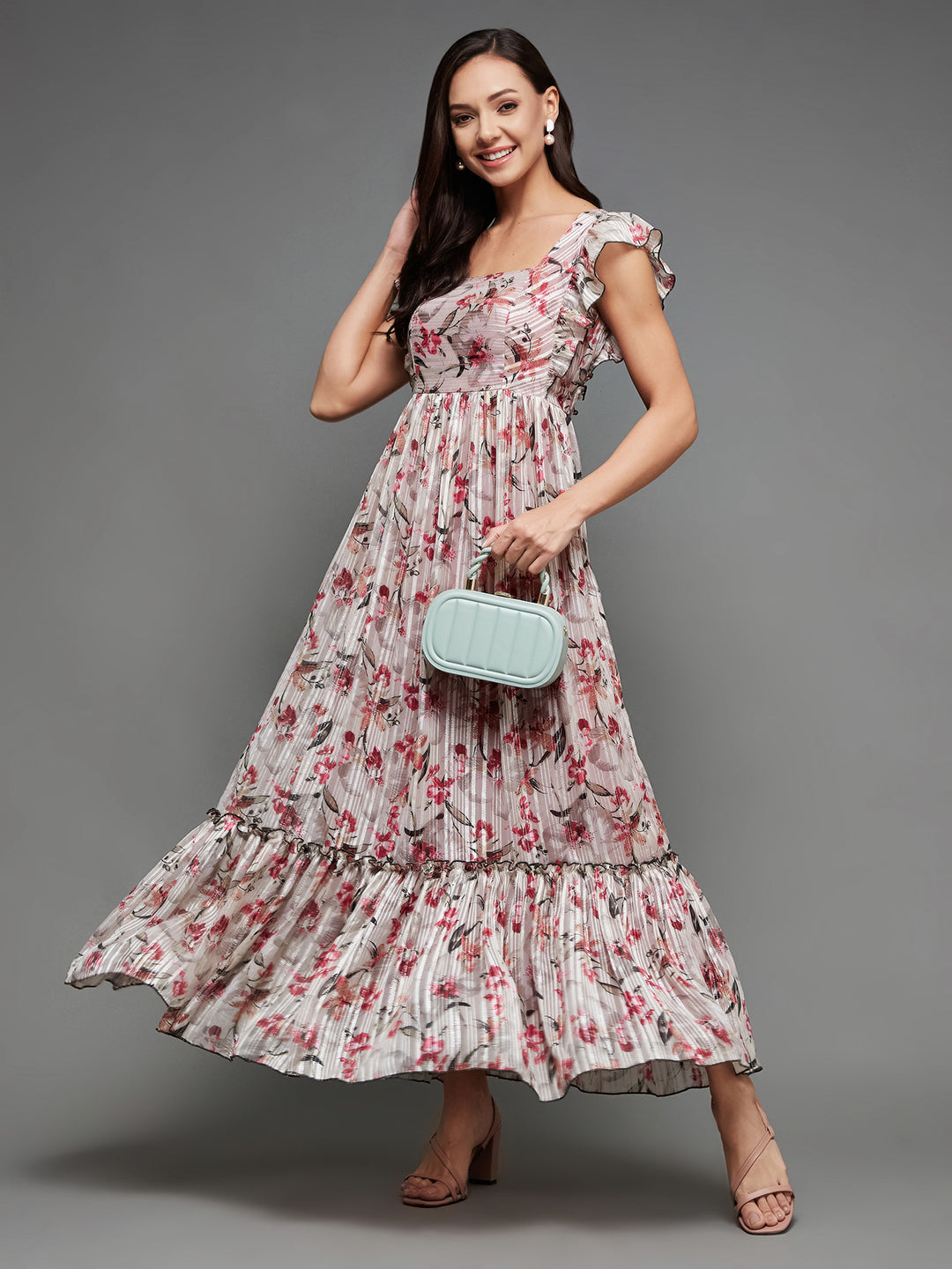 Off White Floral Pinted Fit and Flare Maxi Dress Long Dress Frock