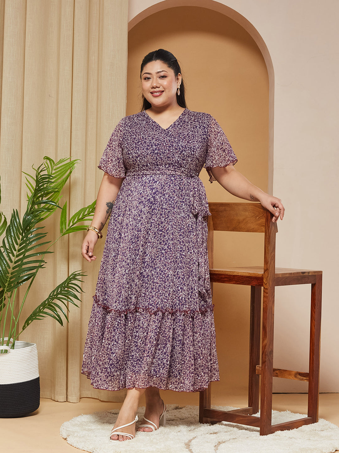 Multicolored-Base-Purple V-Neck Flared-Sleeves Floral Wrap Chiffon Maxi Dress for Women