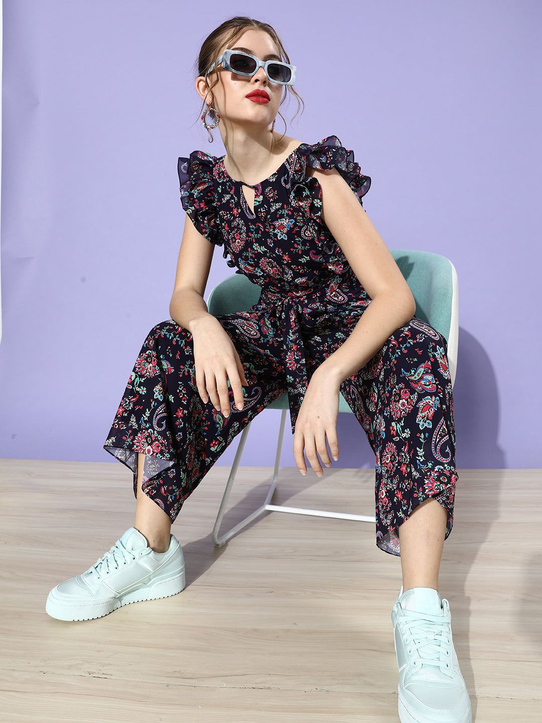 Women's Multicolored-Base-Navy Blue Round Neck Sleeveless Floral Wide-Leg Regular Jumpsuit