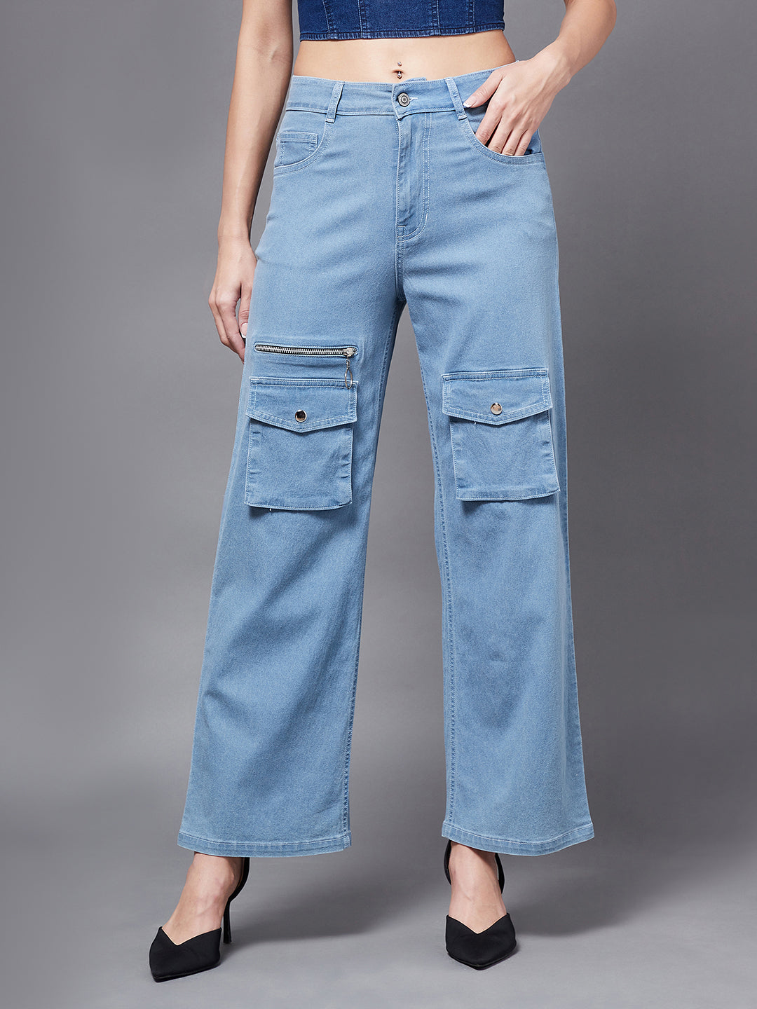 24/7 Comfort Light Blue Wide-Leg Mid-Rise Clean-Look Regular Stretchable Denim Jeans
