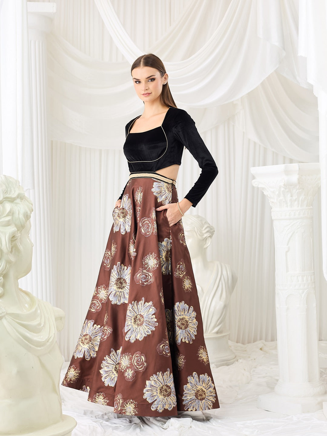 Brown Choli Cut Full Sleeve Floral Cut-Out Maxi Dress for Women