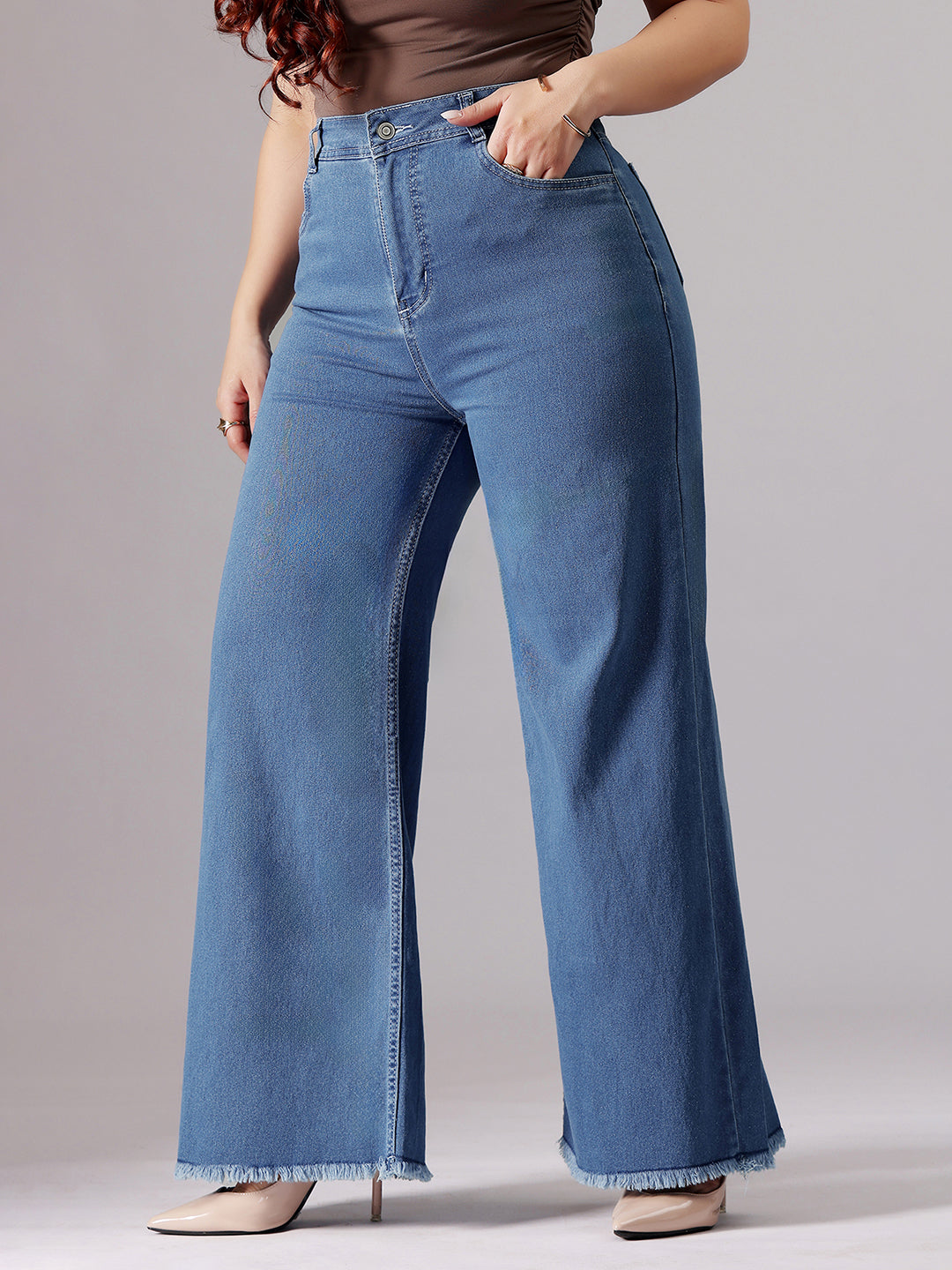 24/7 Comfort Blue Wide-Leg High-Rise Clean-Look Regular-Length Stretchable Denim Jeans