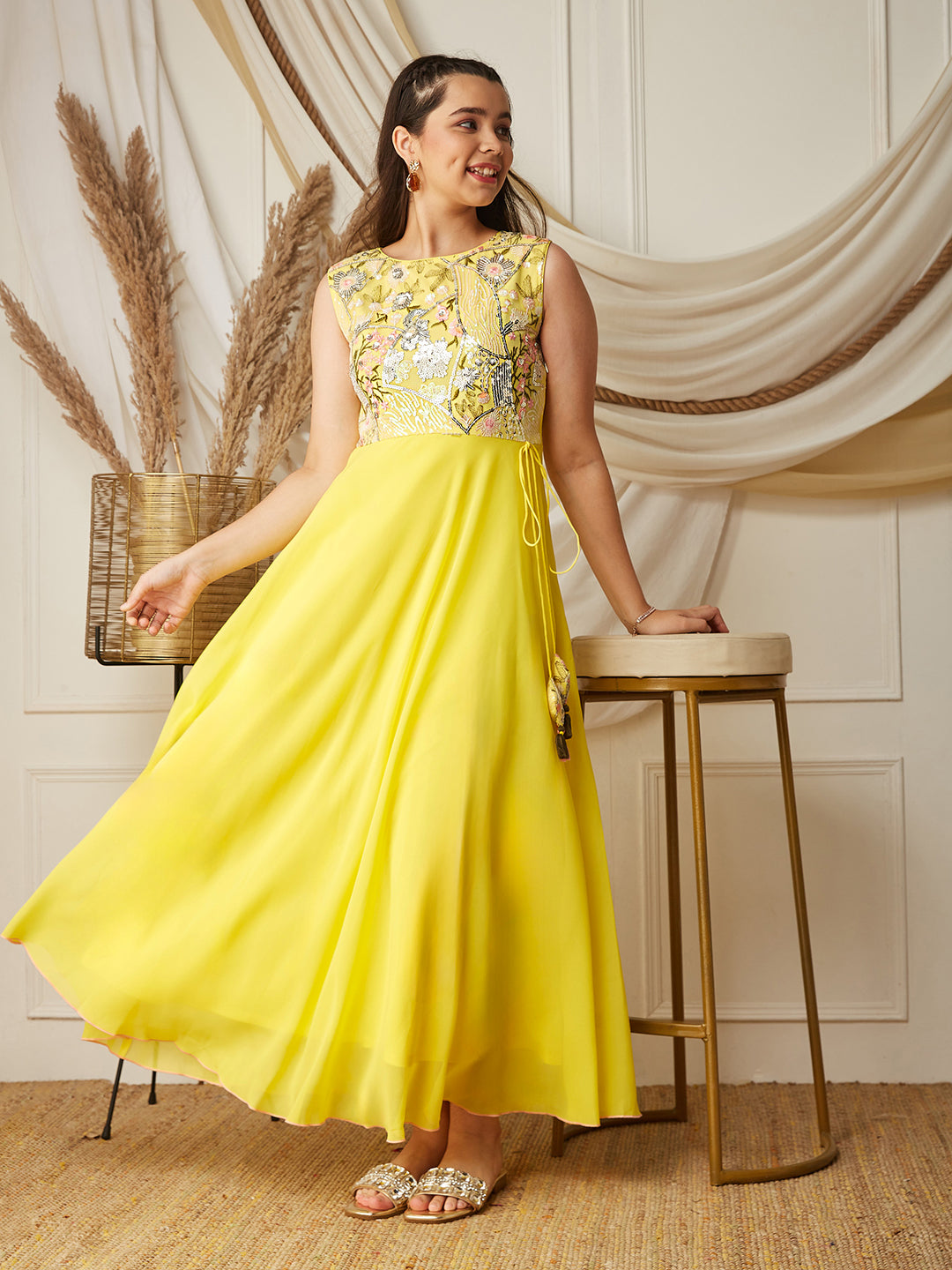 Multicolored-Base-Light Yellow Round-Neck Sleeveless Embellished Flared Polyester Maxi Dress