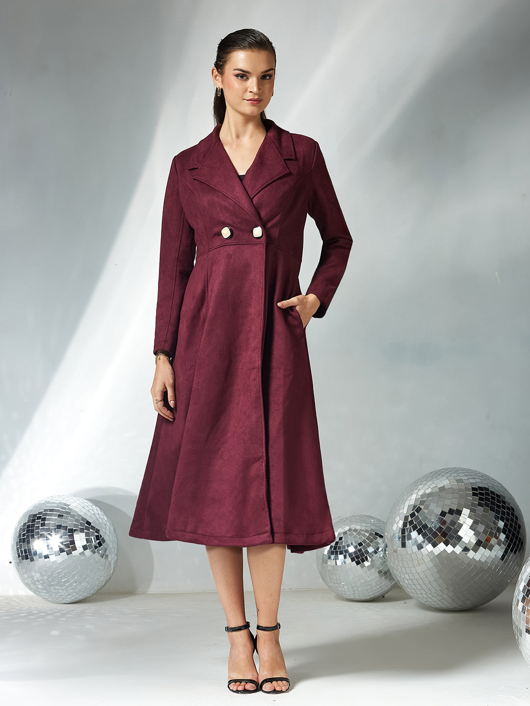 Women's Wine Solid V-Neck Full Sleeves Side Pocketed Polyester Double Breasted Longline Jacket