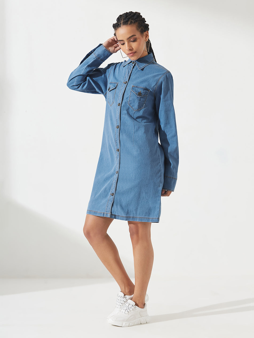 Blue Polo Neck Full Sleeves Denim Knee-Long Shrug for Women