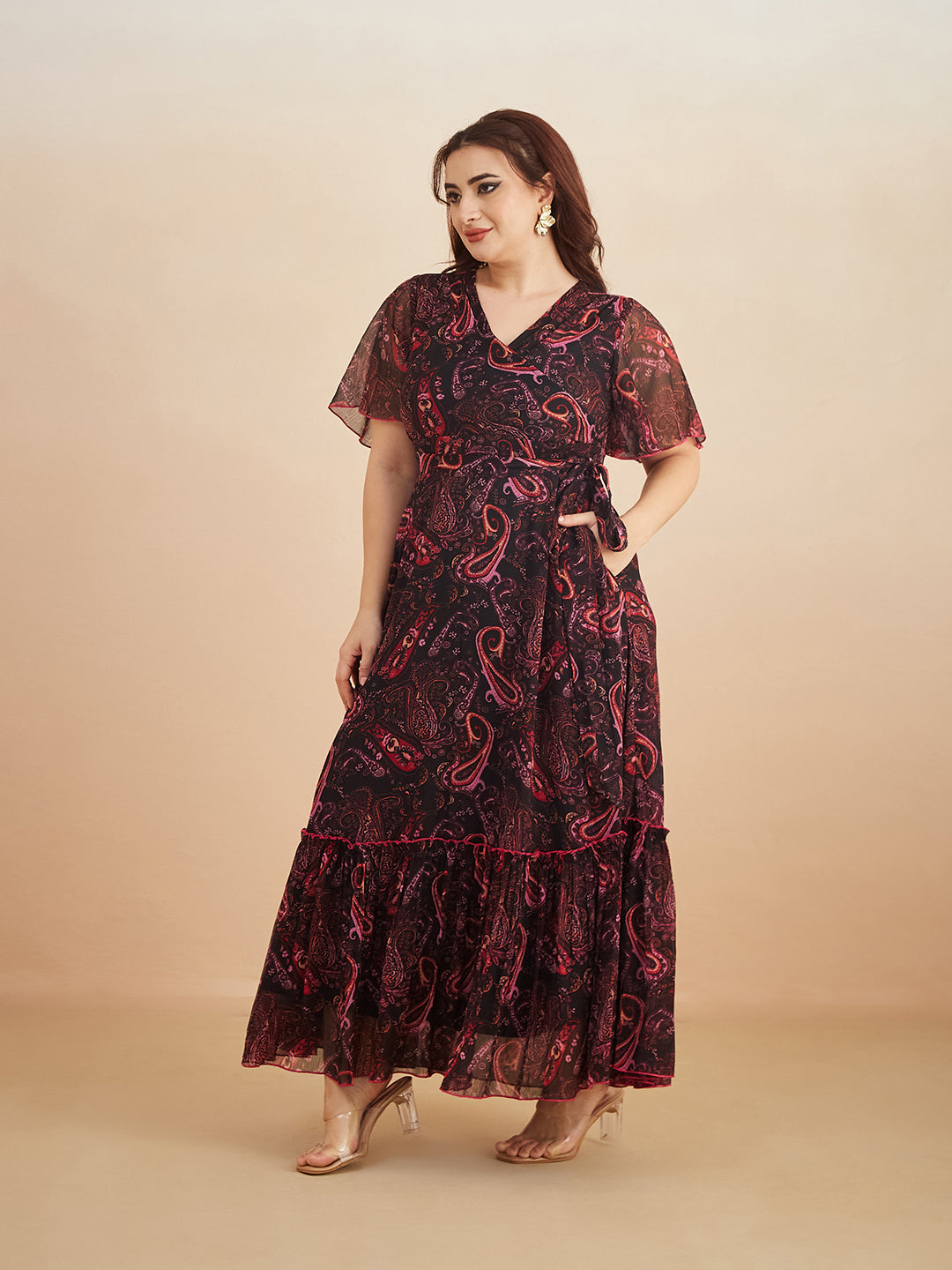 Black Bohemian V-Neck Flutter Sleeve Chiffon Relaxed Fit Wrap Maxi Dress for Women
