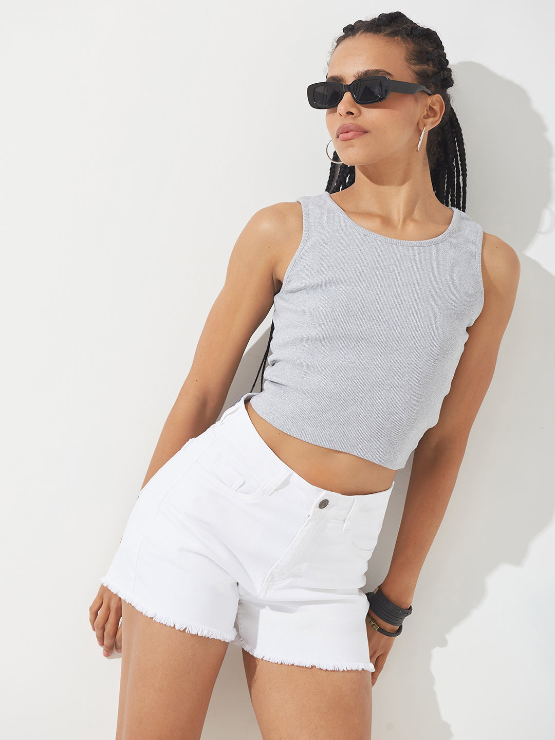 White High-Rise Stretchable Denim Shorts for Women