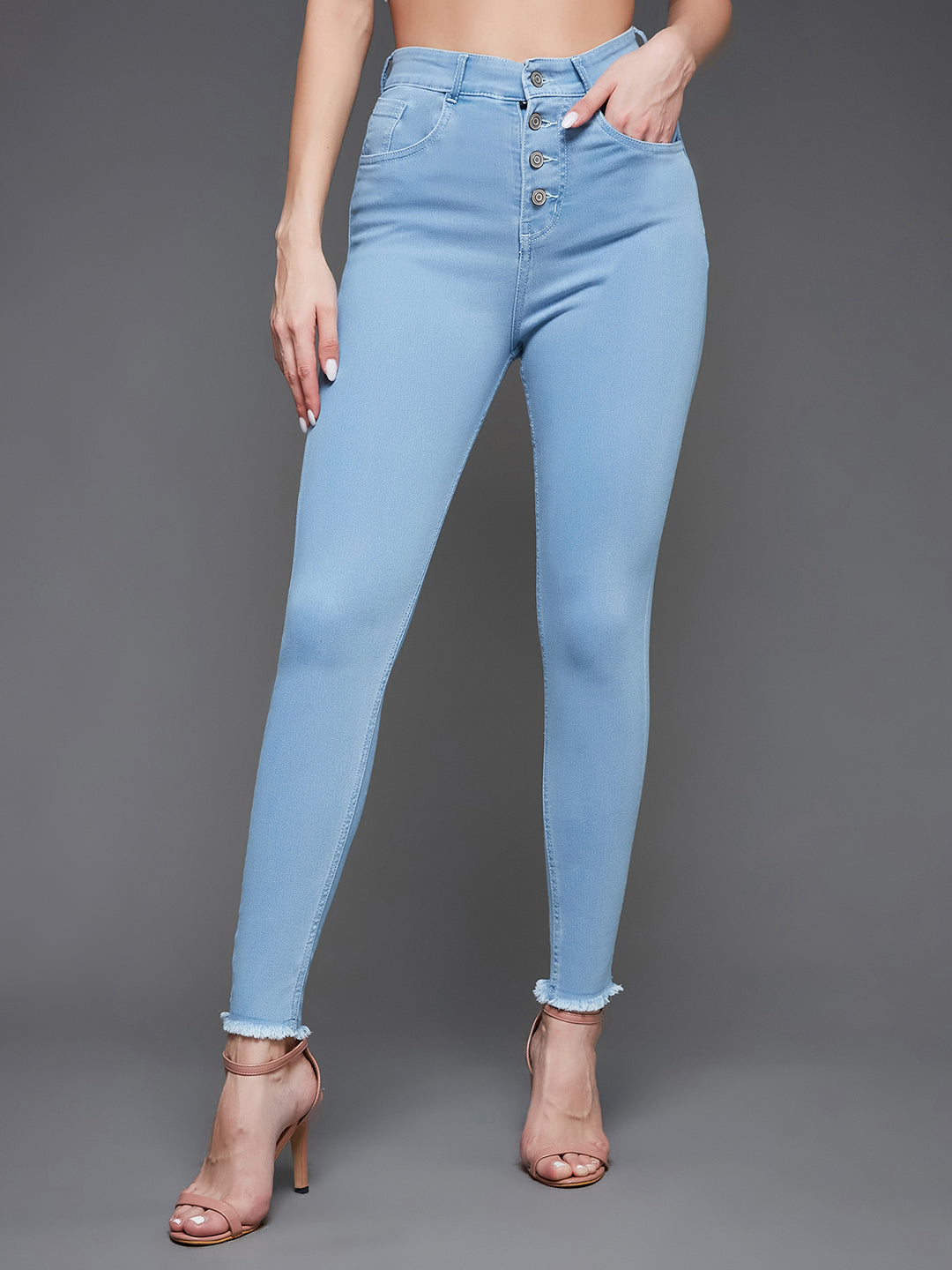 24/7 Comfort Light Blue Skinny High-Rise Clean-Look Fringed Hemline Cropped Acid Wash Solid Stretchable Denim Jeans