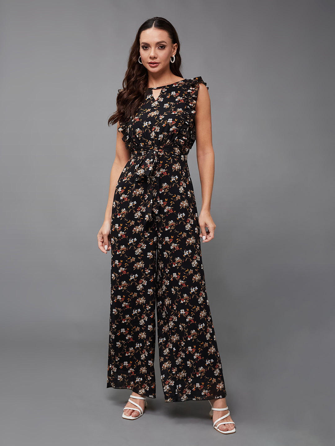 Women's Multicolored-Base-Black Round neck Sleeveless Floral Wide-Leg Regular Jumpsuit