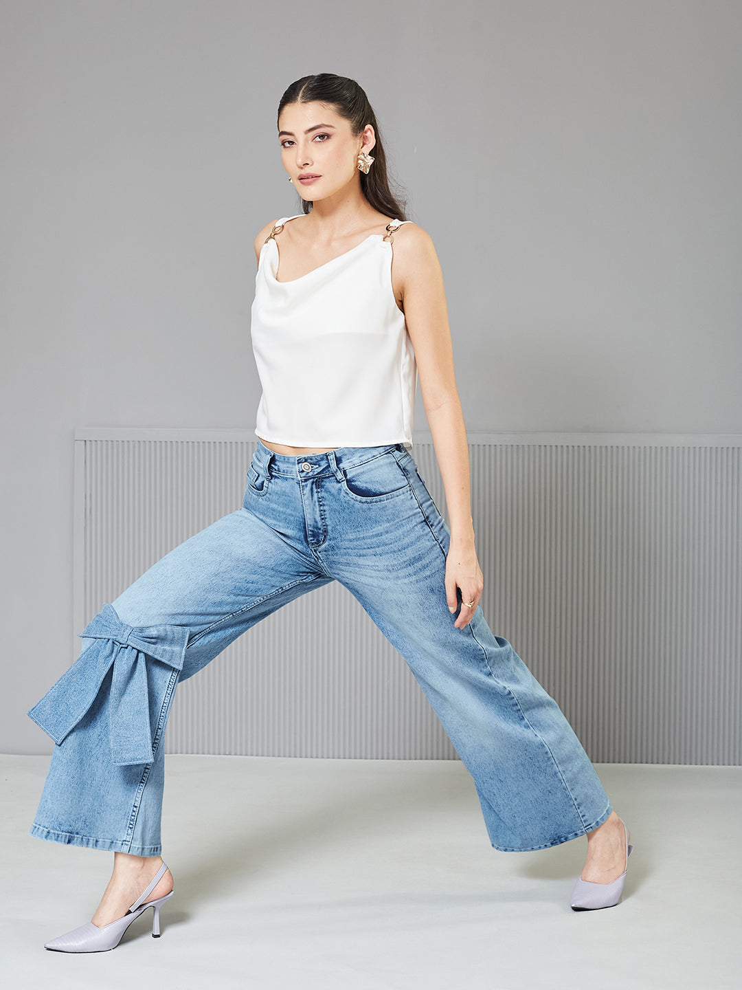 Light-Blue Statement Bow Wide-Leg High-Rise Regular Stretchable Denim Jeans for Women