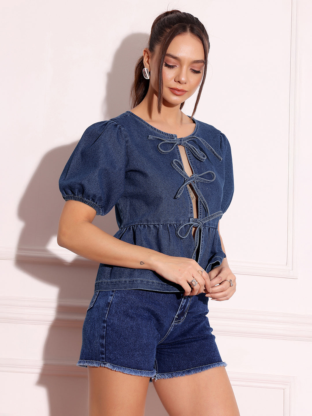 Puff-Sleeves Tie-Up Blue Denim Peplum Top for Women
