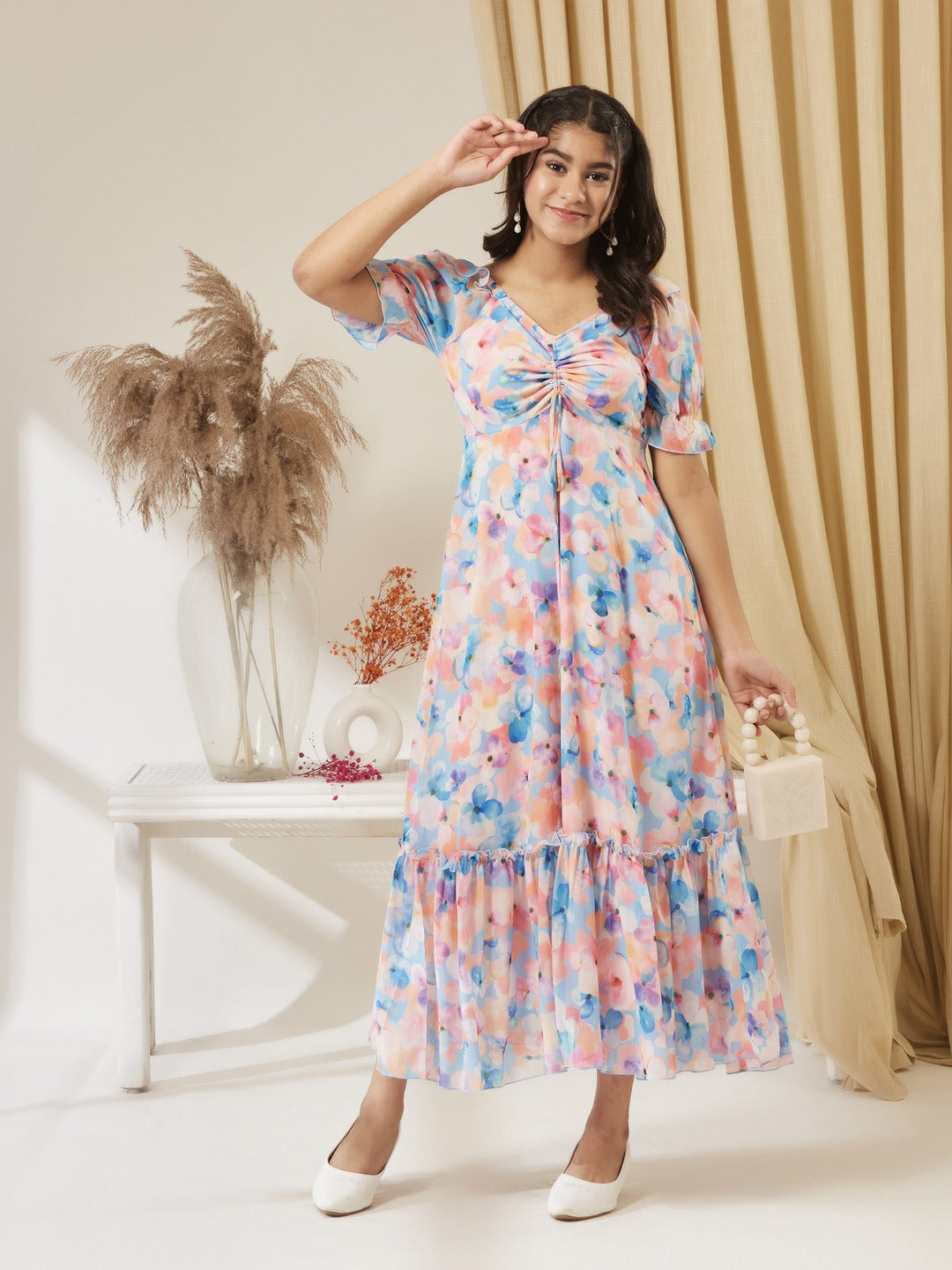 Sky Blue V-Neck Puff Sleeve Floral Ruching Ankle-Length Dress for Girls/Teenagers