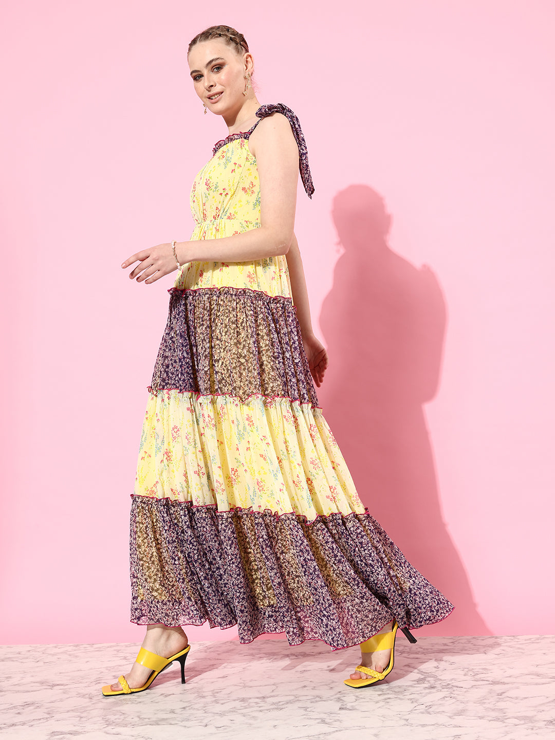 Women's Multicolored Square Neck Shoulder Strap Tie-Up Floral Patterned Tiered Maxi Chiffon Dress