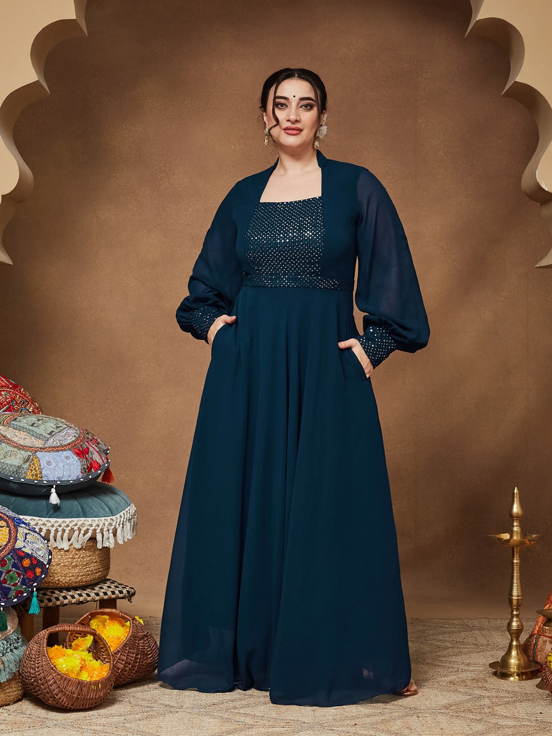 Teal Mandarin-Collar Bishop Sleeve Embellished Panelled Georgette Maxi Dress for Women