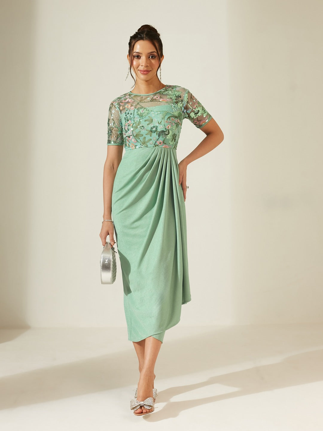 Mint Round-Neck Half-Sleeve Embroidered Draped Polyester Midi Dress for Women