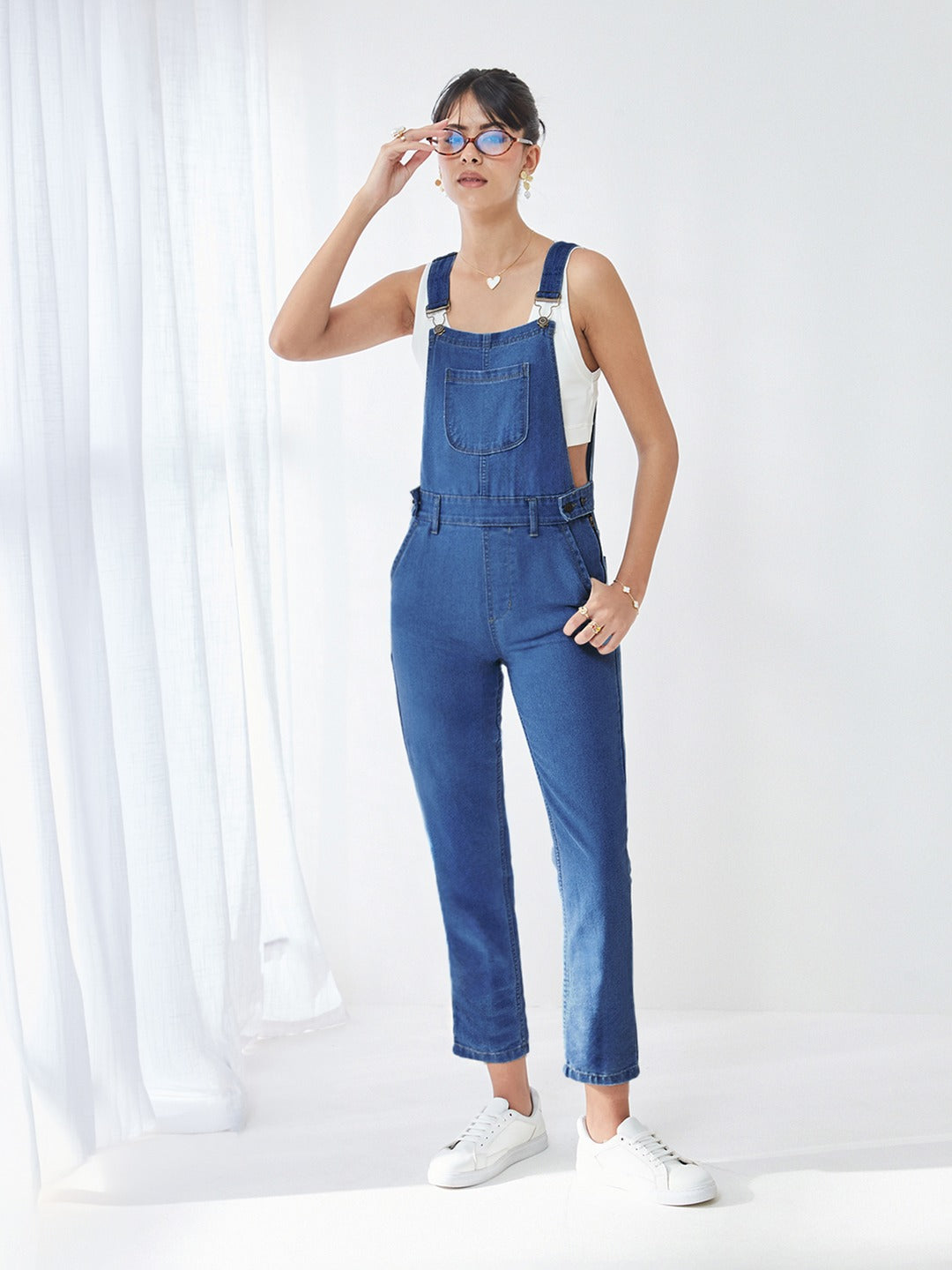 Blue Regular Fit Mid Rise Regular Length Denim Dungaree for Women