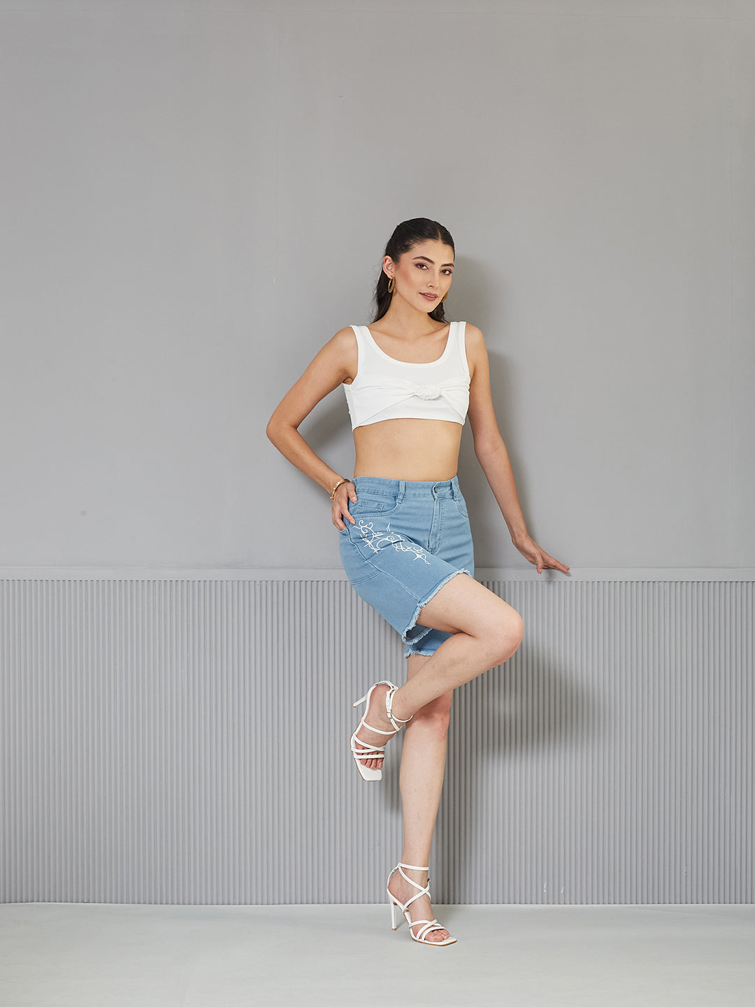 Hand-Painted Denims: Cosmic Whirl Light-Blue High-Rise Denim Shorts