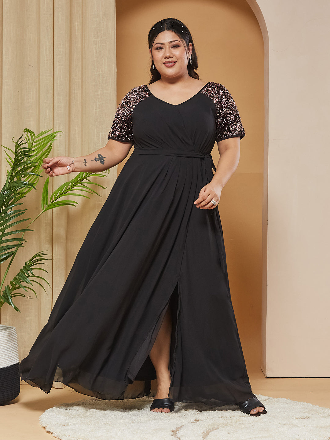Black Half Sleeves Sequinned Fit and Flare Maxi Dress for Women