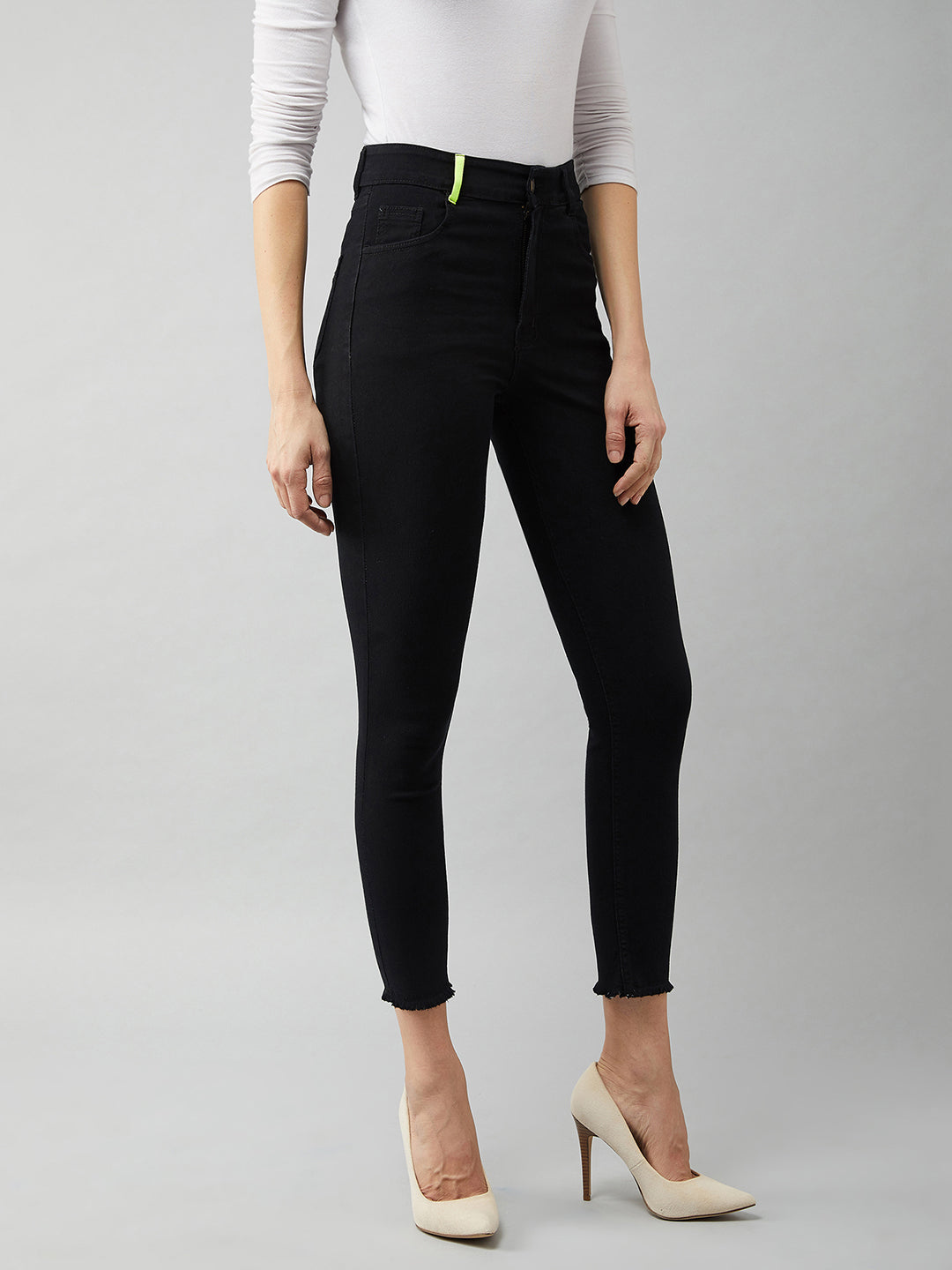 Women's Black Cotton Skinny-Fit Cropped High-Rise Stretchable Denim Jeans