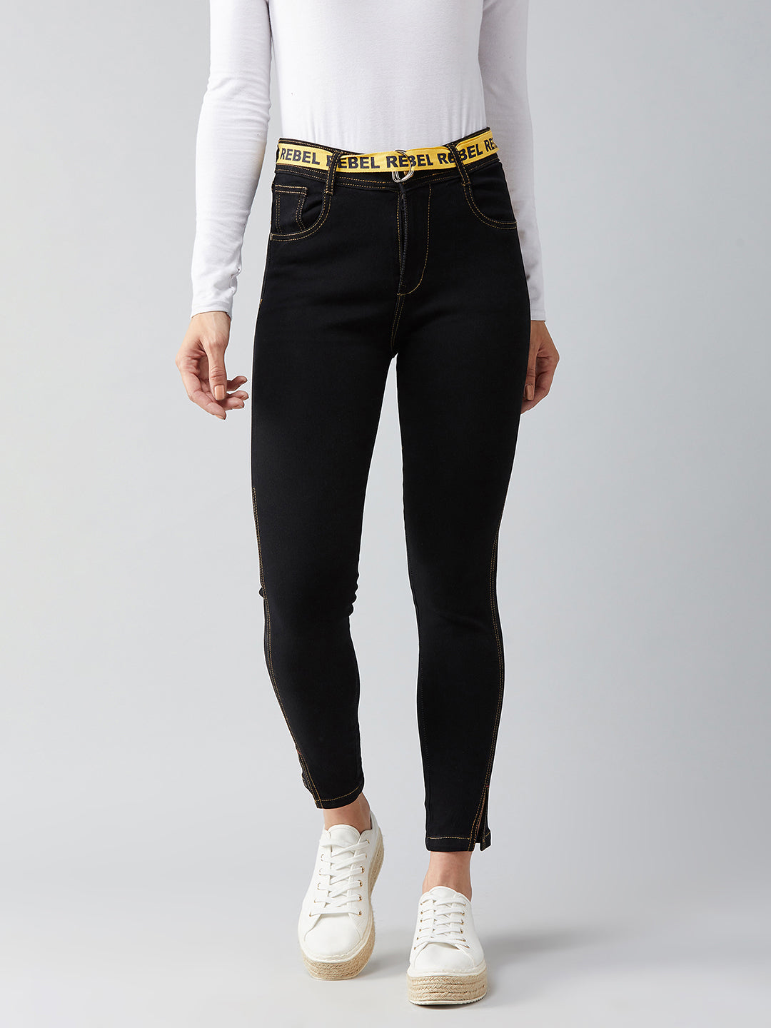 Black Cotton Skinny Fit High Rise Ankle Length Stretchable Denim Jeans for Women