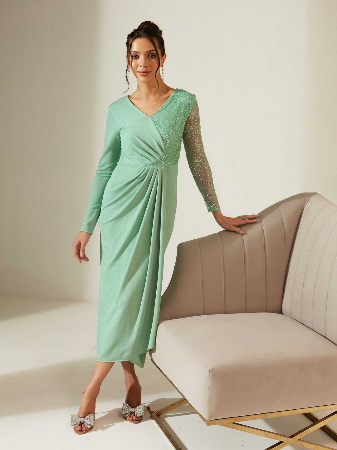 Mint Embellished V-Neck Full Sleeve Polyester Pleated Slim Fit Longline Dress for Women