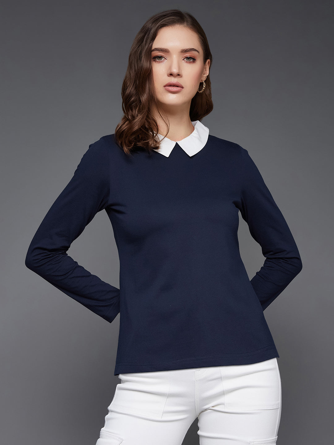 Navy-Blue Collared Round Neck Full Sleeve Cotton Solid Buttoned Top for Women
