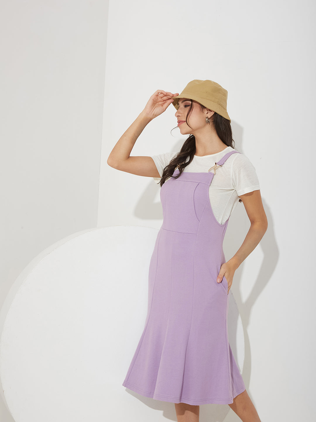 Lavender Round Neck Half Sleeve Solid Panneled/ Pinafore Knee-Long Polyester Dress Co-Ord Set for Women — Miss Chase
