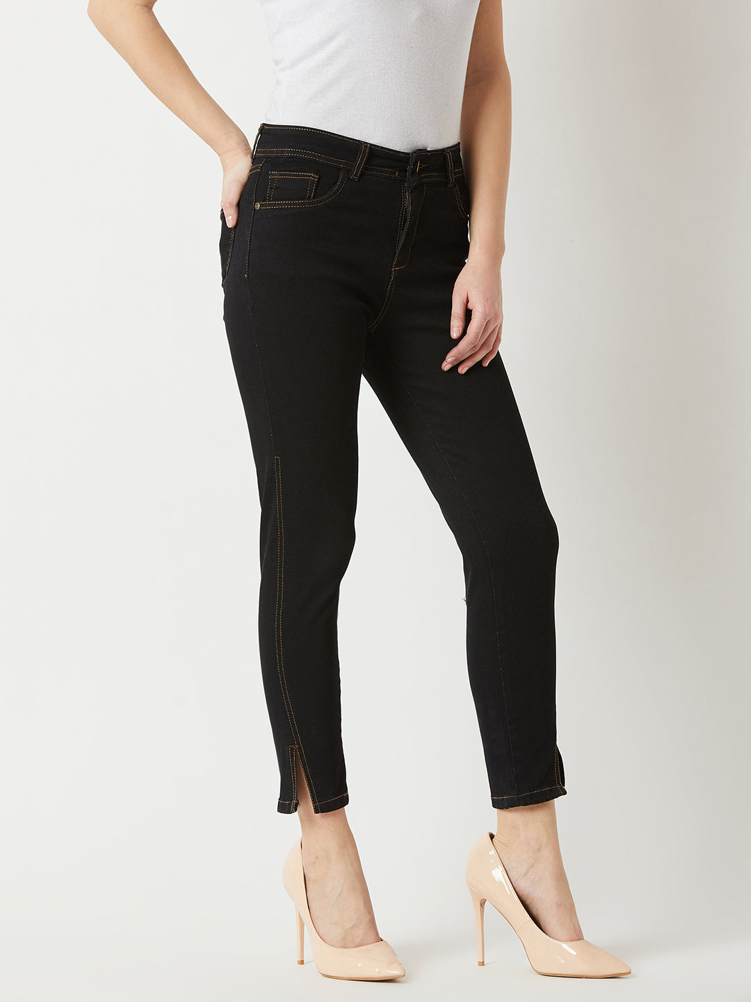 Women's Black Skinny High-Rise Side-Slit Solid Ankle Length Stretchable Denim Jeans