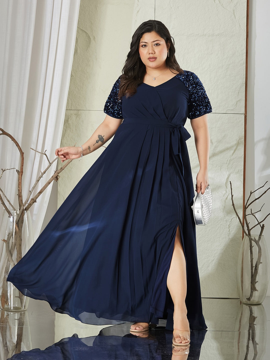 Navy Blue Relaxed Fit Maxi Georgette Dress for Women