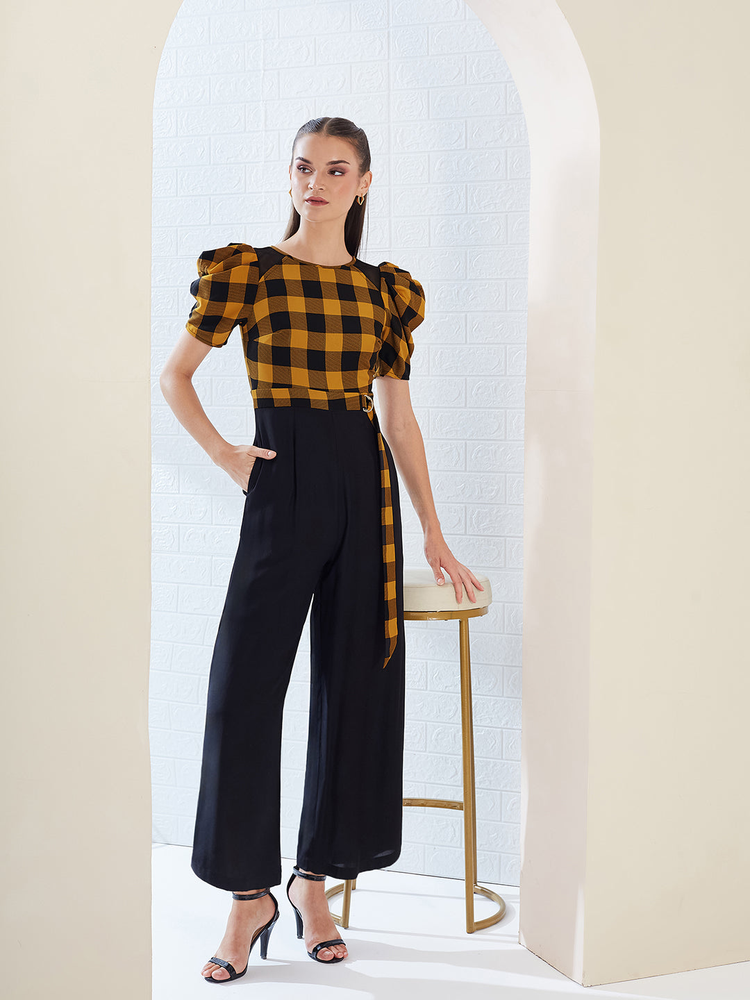 Black & Mustard Round Neck Cowl Sleeve Checkered Wide-leg Viscose-Rayon Regular Length Jumpsuit for Women — Miss Chase