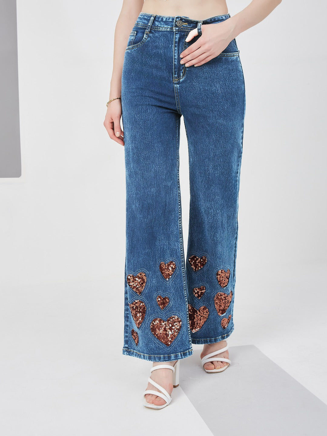 Mid Blue Wide leg high-rise Regular Stretchable Denim Jeans for Women