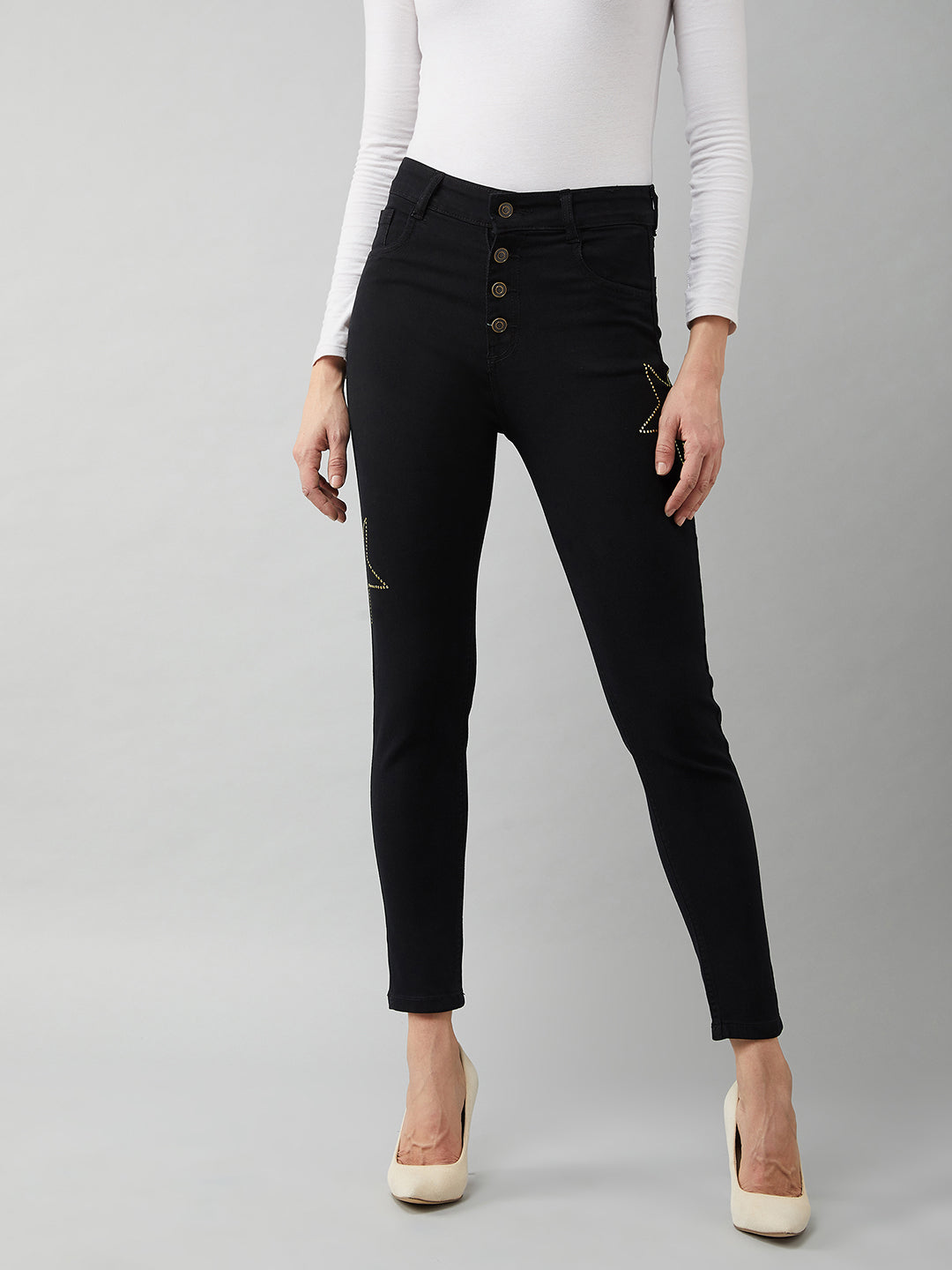 Women's Black Cotton Skinny-Fit Relaxed High-Rise Stretchable Denim Jeans