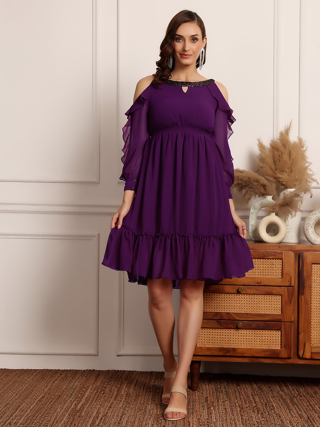 Women's Dark Purple Solid Round Neck Full Sleeves Polyester Ruffled Knee Length Dress