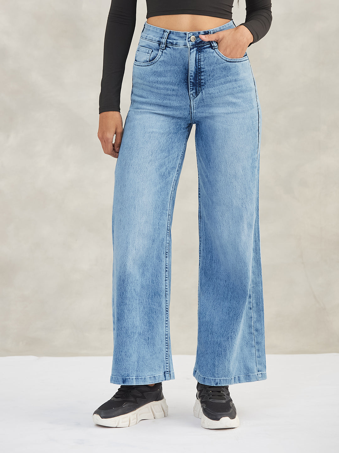 Women's Light Blue Wide-Leg High-Rise Stretchable Shaping Denim Jeans