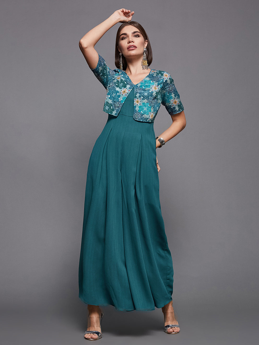 Women's Dusty Turquoise V-Neck Half Sleeves Pleated Solid Jumpsuit
