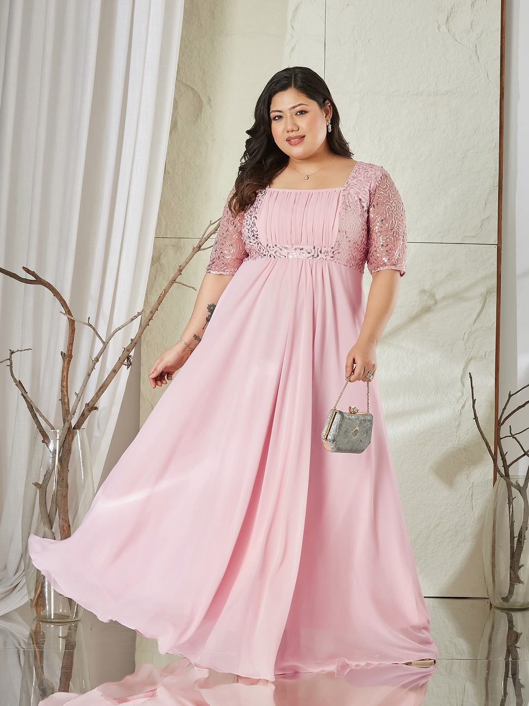 Dusty Pink Square Neck Half Sleeve Solid Embellished Maxi Dress for Women