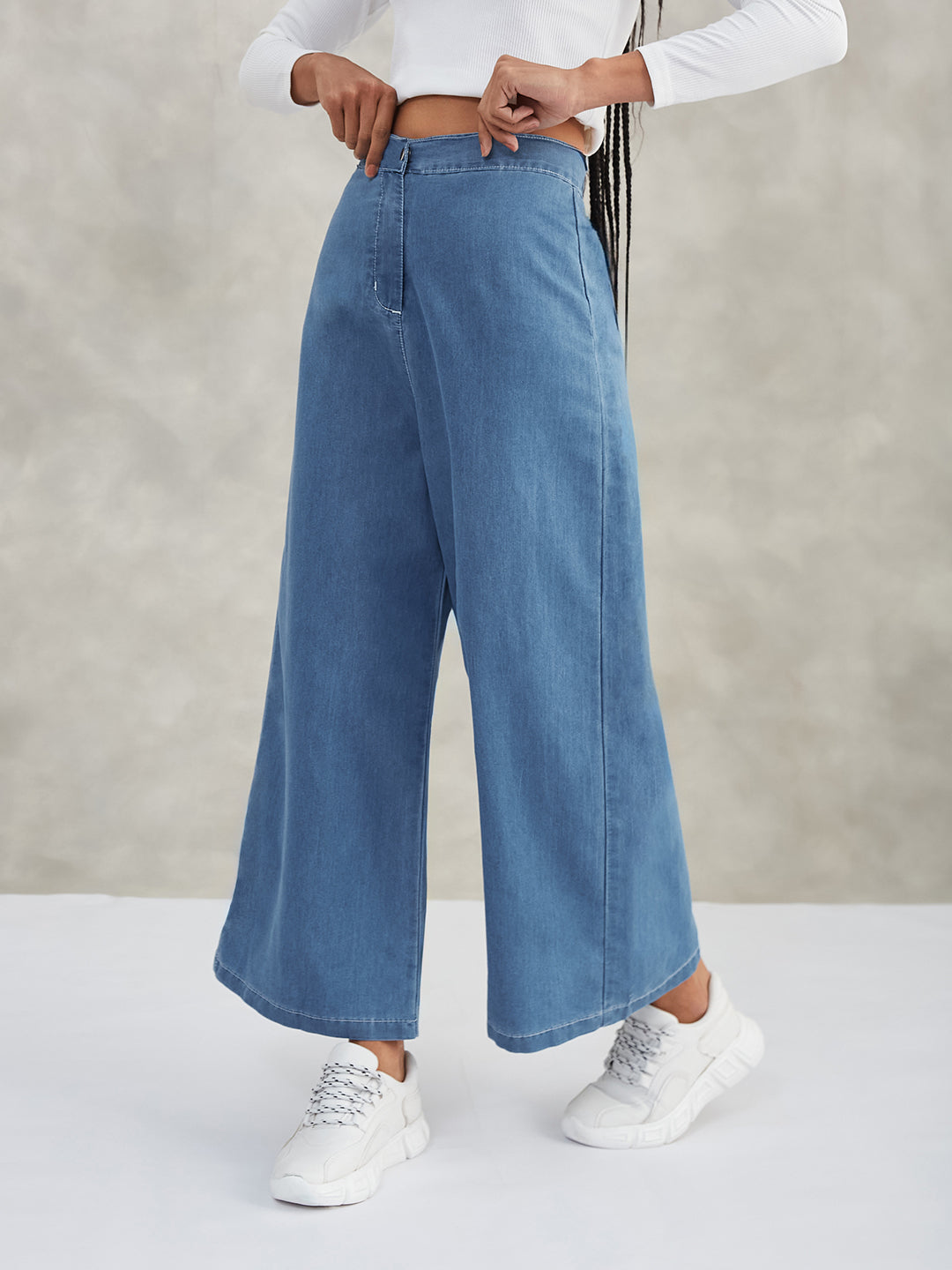 Women's Blue Flared Wide-Leg High-Rise Non-Stretchable Denim Pants