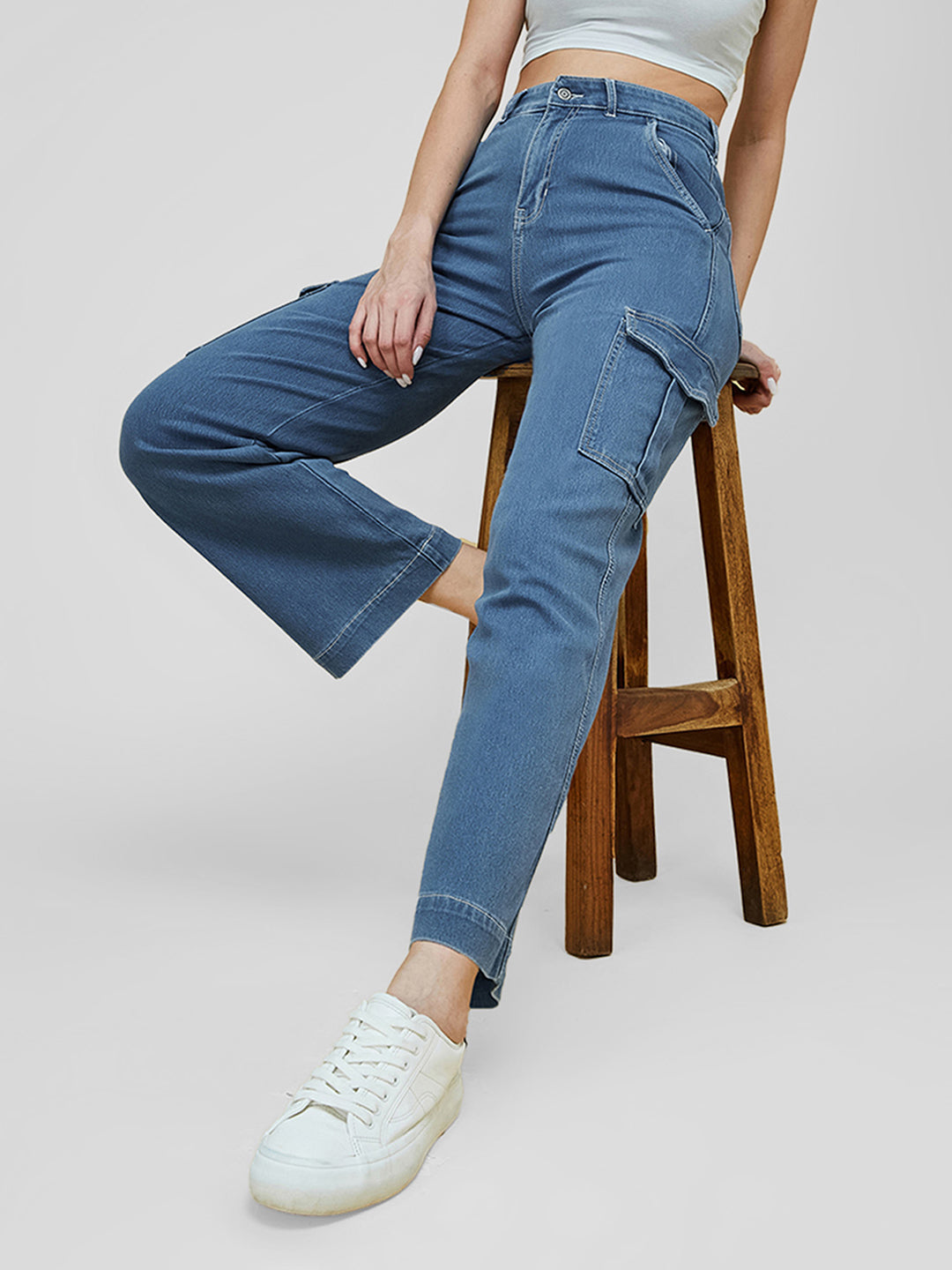 Women's Blue Wide-Leg High-Rise Clean-Look Regular Stretchable Denim Jeans
