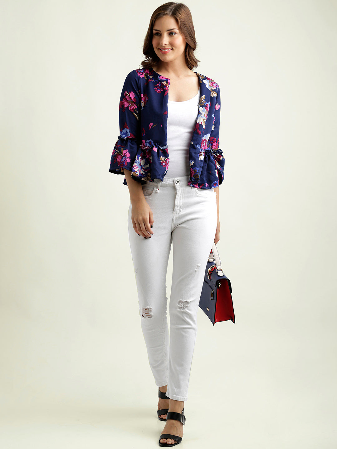 Women's Multicolored Round Neck 3/4 Sleeve Floral Ruffled Open Front Jacket