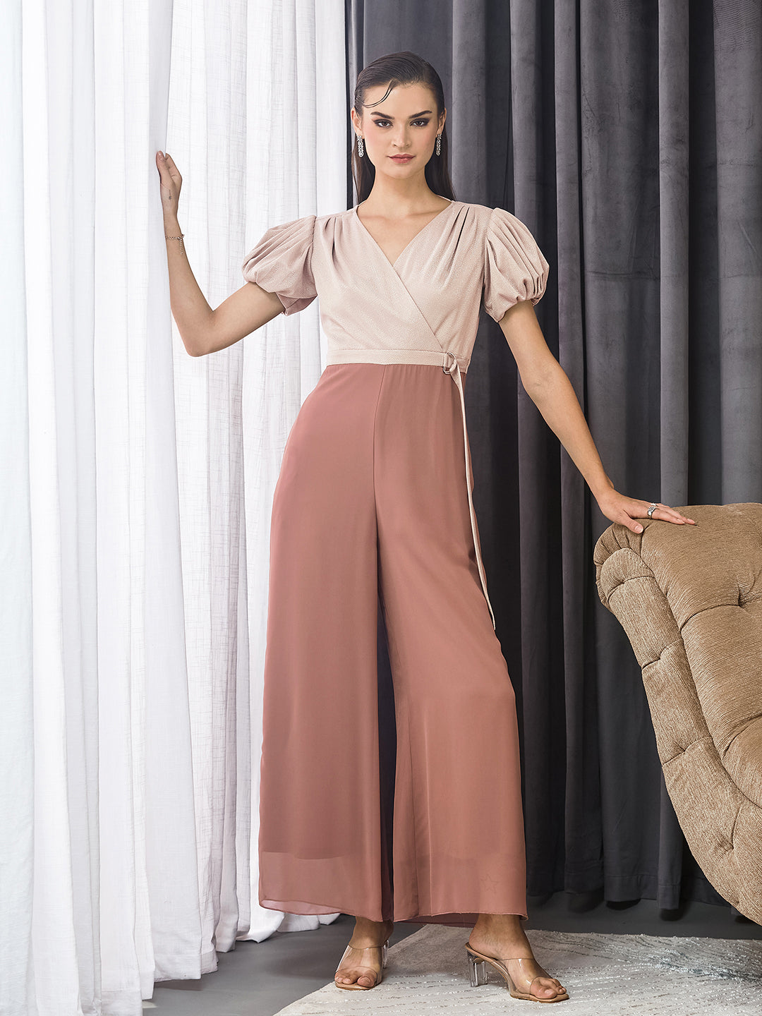 Women's Dusty Peach V-Neck Half Sleeve Embellished Wrap Regular Jumpsuit