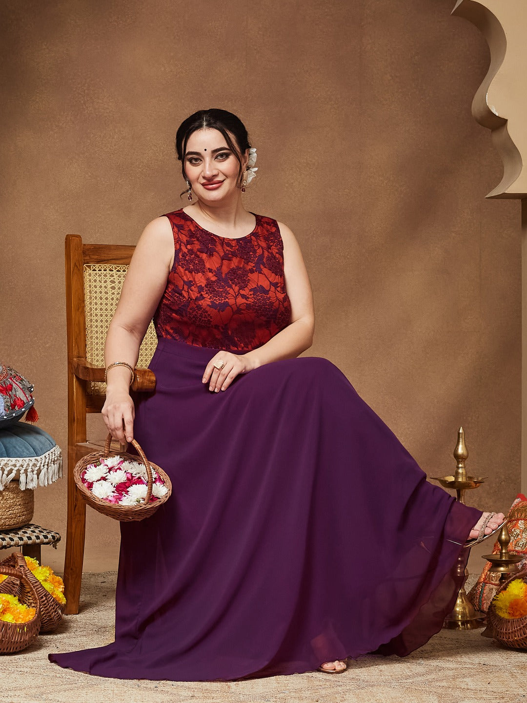 Dark Purple Round Neck Sleeveless Georgette & Lace Floral Fit & Flare Maxi Dress for Women