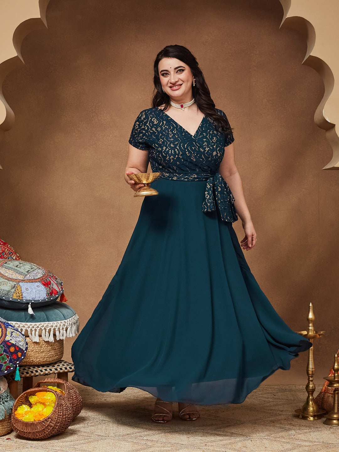 georgette women dress Teal V-Neck Short-Sleeve Self-Designed Lace Overlaid Maxi Dr Name/Description:Amber Custom - Boho Corset Style Gown w Fringe Sweetheart Neckline Satin Strapless NECK TYPE modas26
