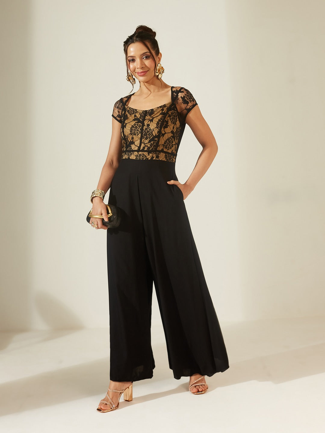 Black Sweetheart Neck Raglan Sleeve Floral Lace Overlaid Viscose-Rayon Regular Length Jumpsuit for Women
