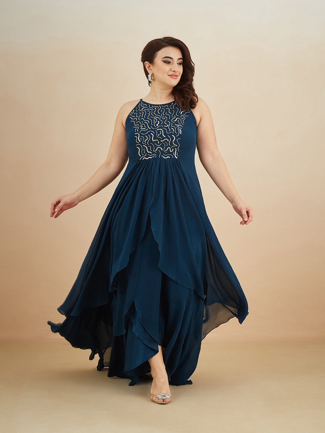 Teal Round Neck Sleeveless Solid Embellished Maxi Dress for Women