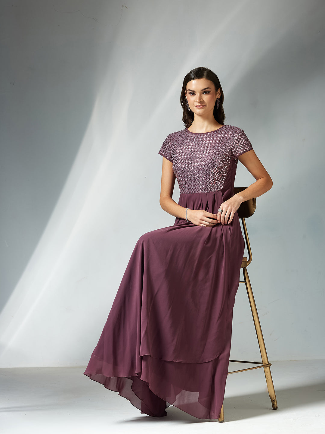 Mauve Cap Sleeves Embellished Fit and Flare Maxi Dress for Women