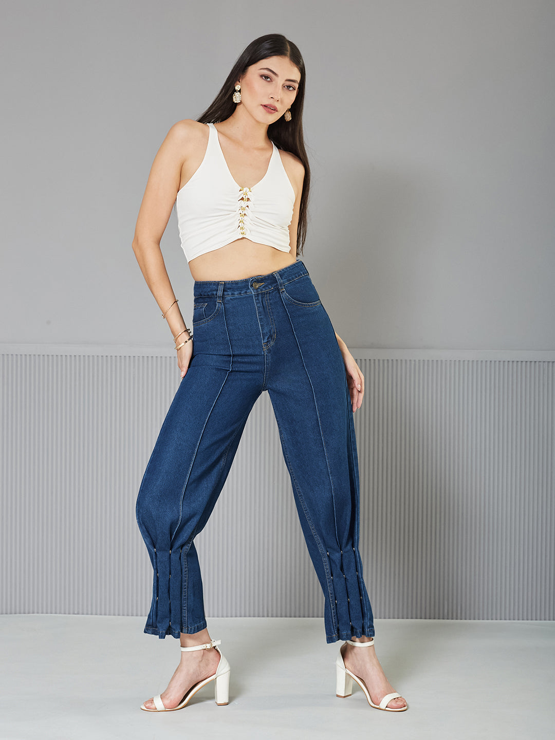 Navy-Blue Wide-Leg High-Rise Regular Denim Jeans for Women