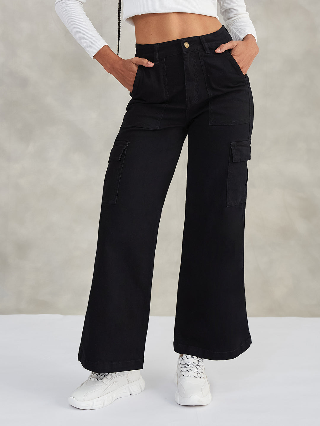 Women's Black Wide-Leg High-Rise Stretchable Denim Jeans