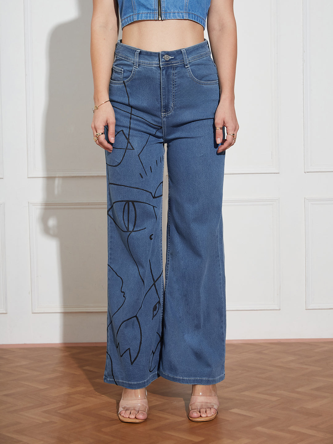 Hand-Painted Denims: Unraveled Faces Line Art Wide-Leg Jeans